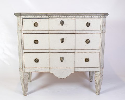 Gustaviansk Kommode Med 3 Skuffer - Gråmalet - Marmoreret Topplade - Svensk 
Oprindelse - 1840erne
Flot stand
